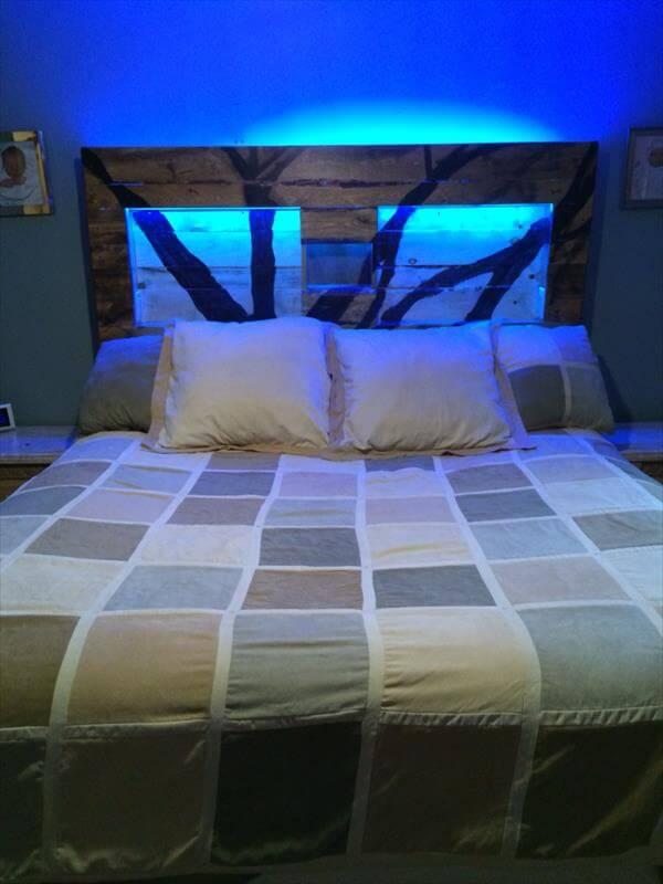 reclaimed pallet headboard with blue lights