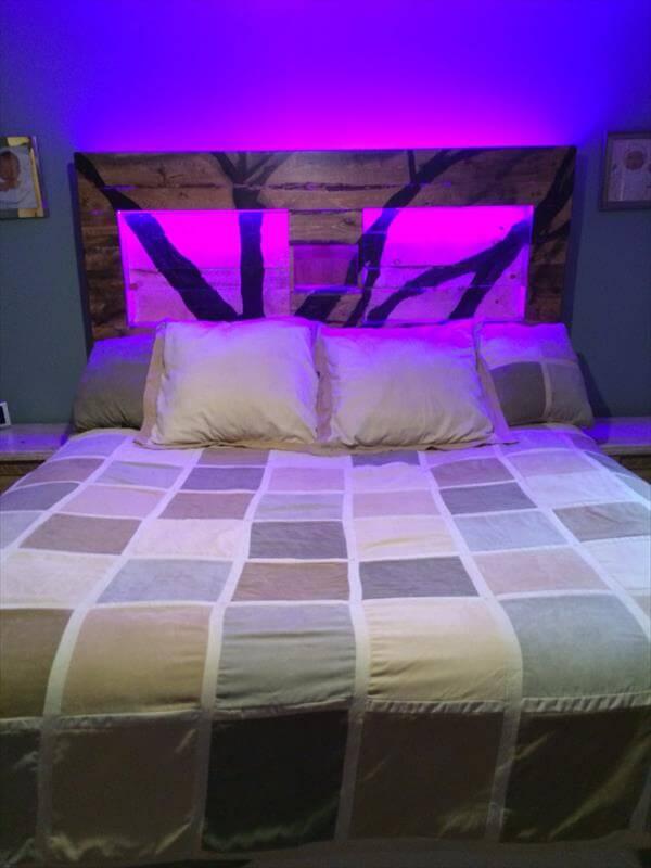 repurposed pallet headboard with LED lights