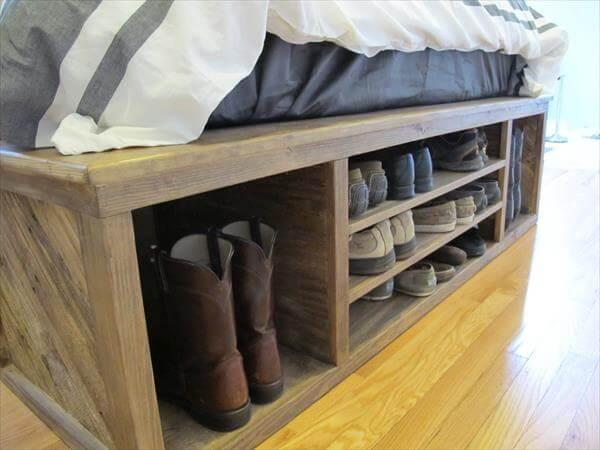 reclaimed pallet bed with shoes storage