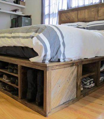 recycled pallet bed with headboard and storage