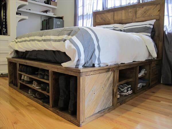 recycled pallet bed with headboard and storage