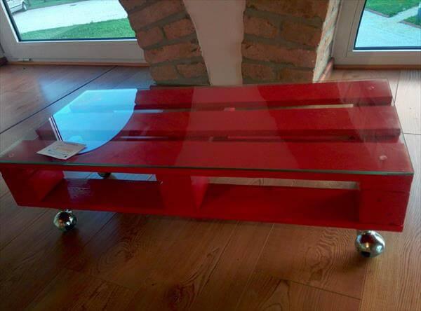 reclaimed pallet red coffee table with wheels