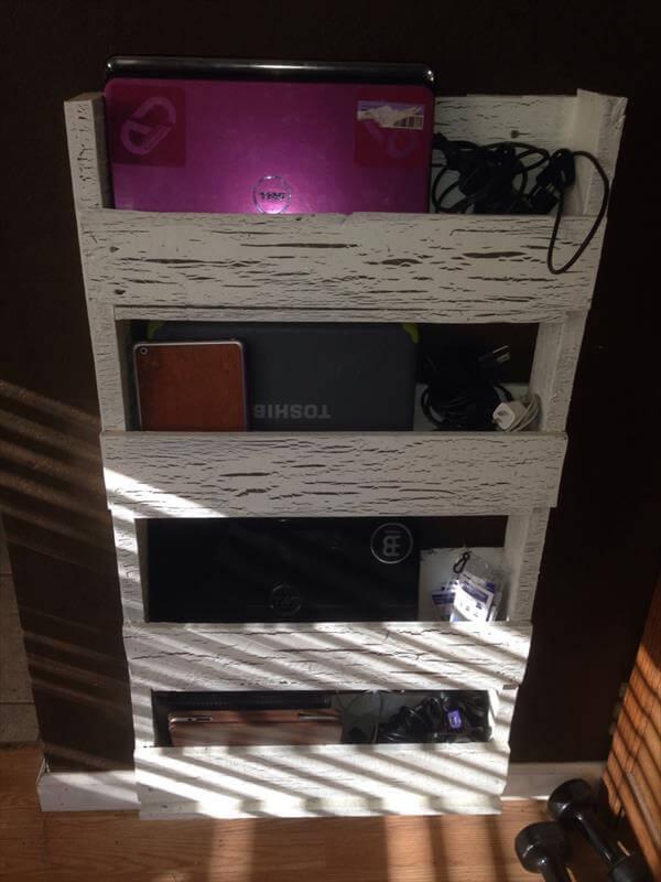 repurposed pallet laptop wall organizer