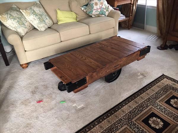 repurposed pallet warehouse cart and coffee table