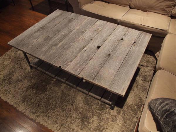 repurposed pallet coffee table with metal side bars