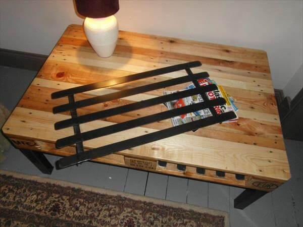 repurposed pallet coffee table with metal base