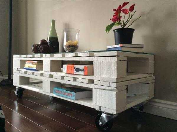 recycled pallet white coffee table with wheels