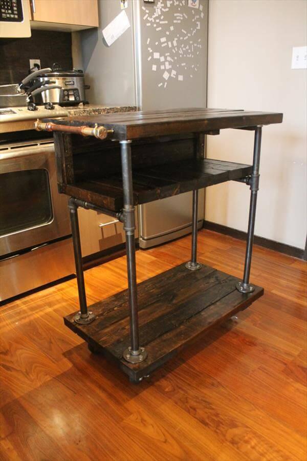 recycled pallet and iron pipe kitchen cart
