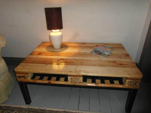 upcycled pallet coffee table with metal base