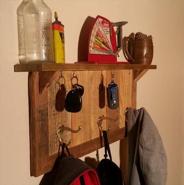 recycled pallet coat rack and key organizer