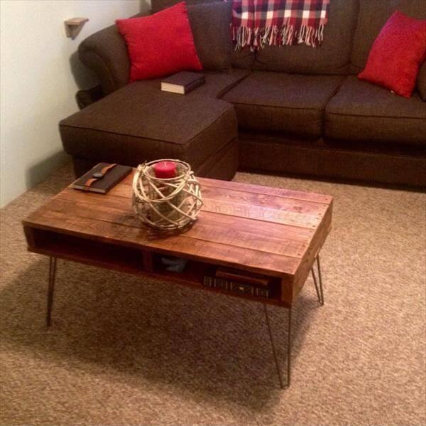 diy pallet coffee table with hairpin metal legs