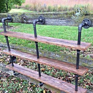 repurposed pallet and iron pipe triple shelf