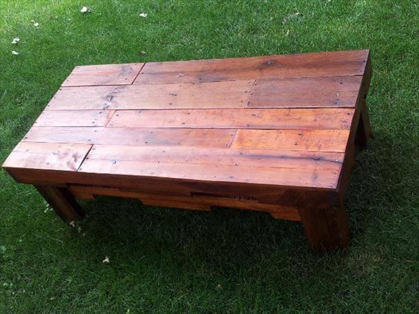 repurposed pallet coffee table with shelf