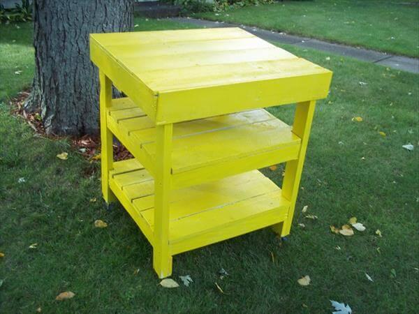 yellow painted pallet garden work bench