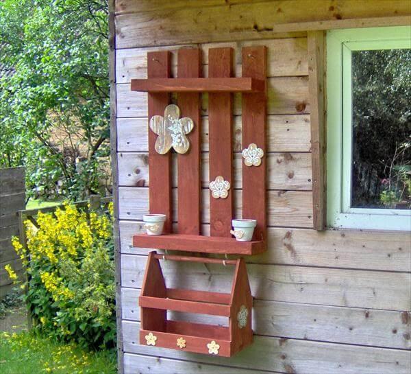 salvaged brick red garden wall rack with box