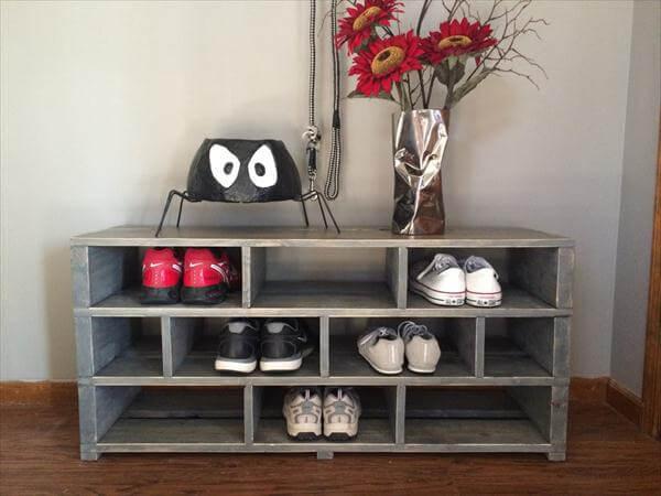 handmade pallet grey painted shoes rack