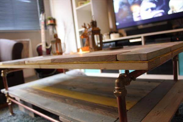 recycled pallet coffee table with copper pipe base