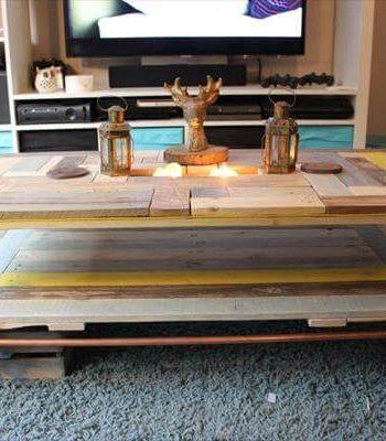 reclaimed industrial pallet and copper pipe coffee table with 2 levels