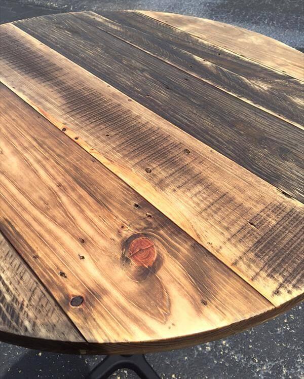 wooden pallet round top coffee table with metal pedestal base