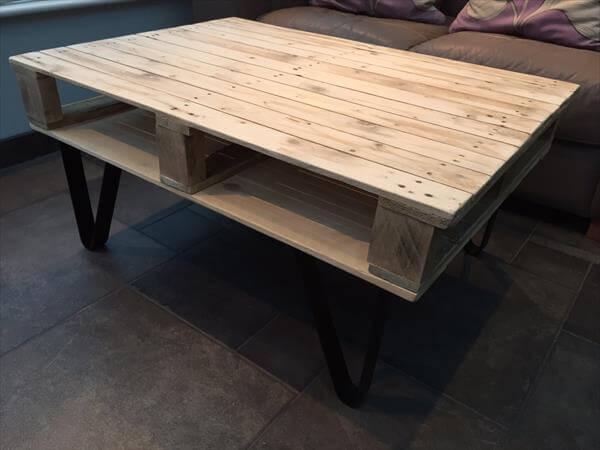 diy pallet coffee table with a lower shelf panel and steel legs
