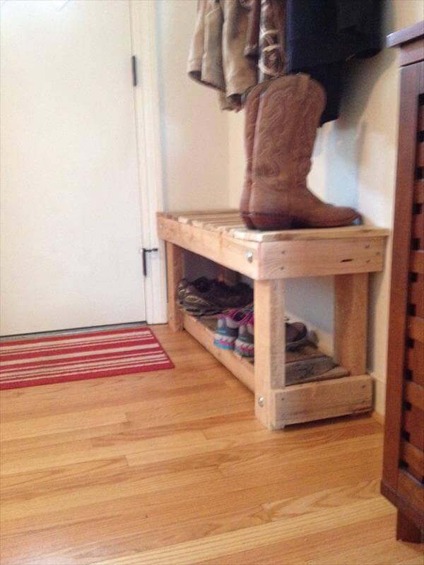 diy pallet bench with shoes rack