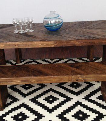 Recycled pallet chevron pattern table with bench