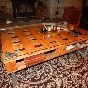 repurposed pallet coffee table with metal pipe base