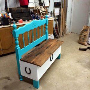 repurposed pallet and old headboard bench