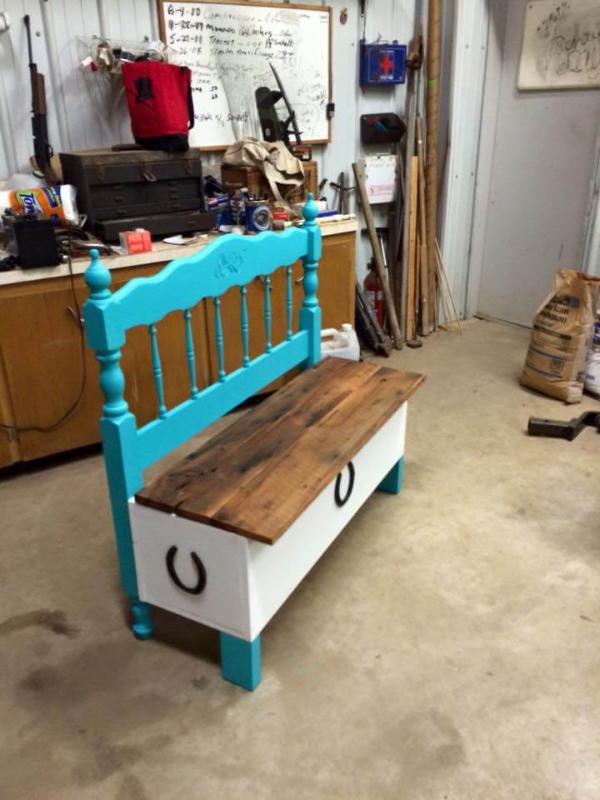 repurposed pallet and old headboard bench