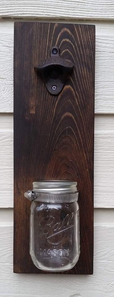 Recycled pallet bottle opener with cap catcher