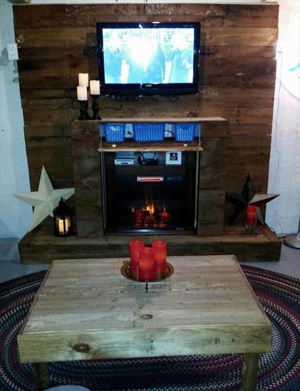 pallet wall with faux fire place