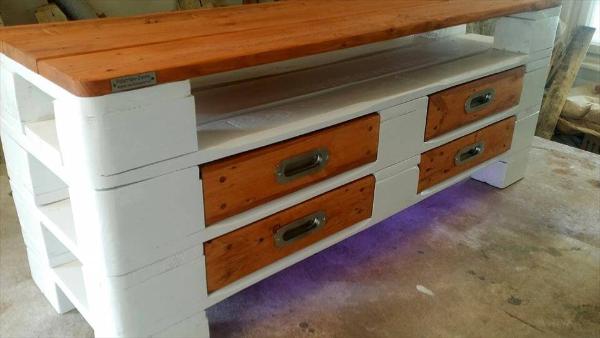 white and orange painted pallet coffee table with drawers