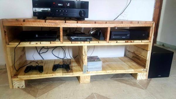 homemade wooden pallet media console or TV stand
