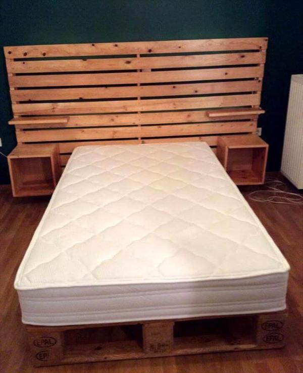 Gorgeous pallet bed with shelved headboard
