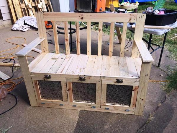 custom-built wooden pallet bench with storage